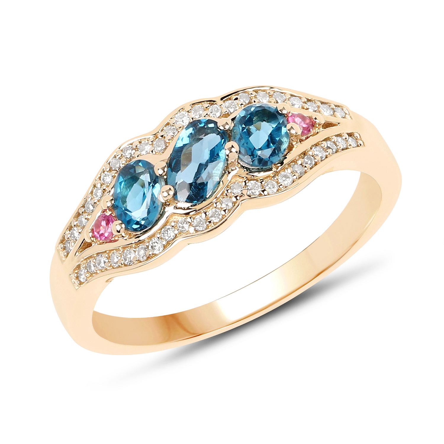 0.80 Carat Genuine London Blue Topaz, Pink Tourmaline & White Diamond 14K Yellow Gold Ring