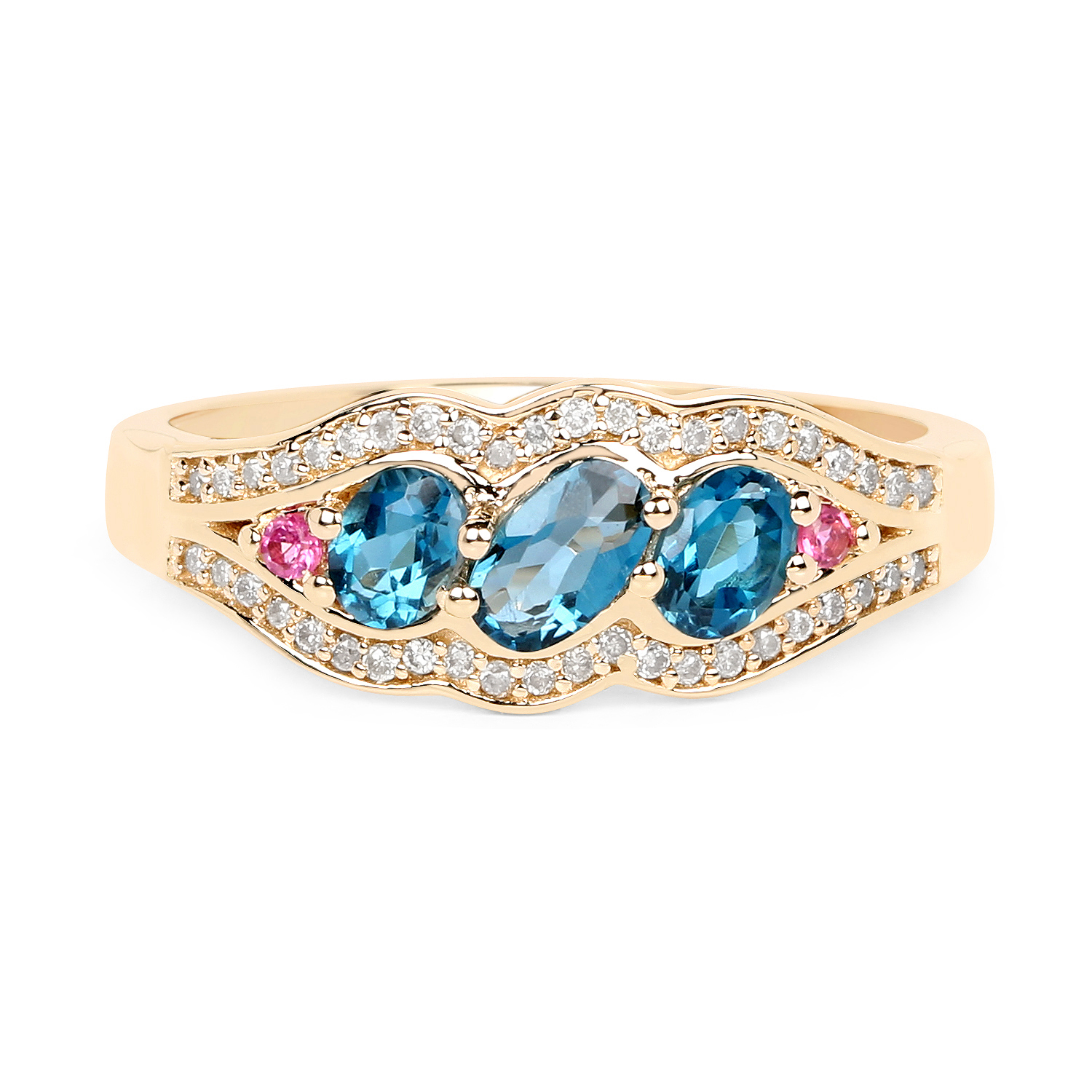 0.80 Carat Genuine London Blue Topaz, Pink Tourmaline & White Diamond 14K Yellow Gold Ring