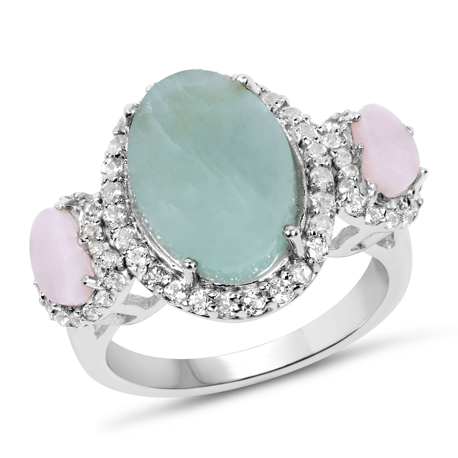 4.76 Carat Genuine Milky Aquamarine, Pink Opal And White Topaz .925 Sterling Silver Ring