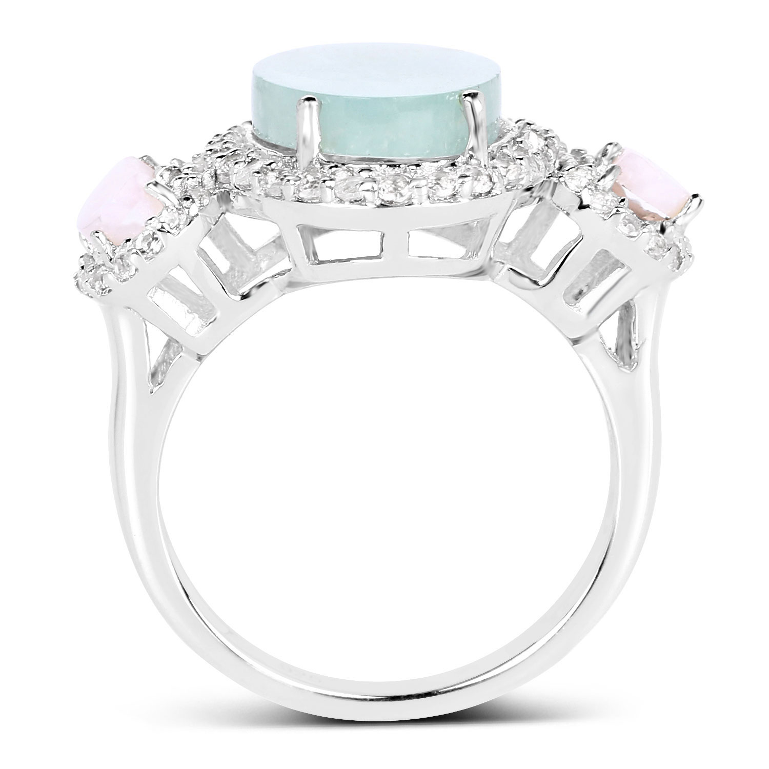 4.76 Carat Genuine Milky Aquamarine, Pink Opal And White Topaz .925 Sterling Silver Ring