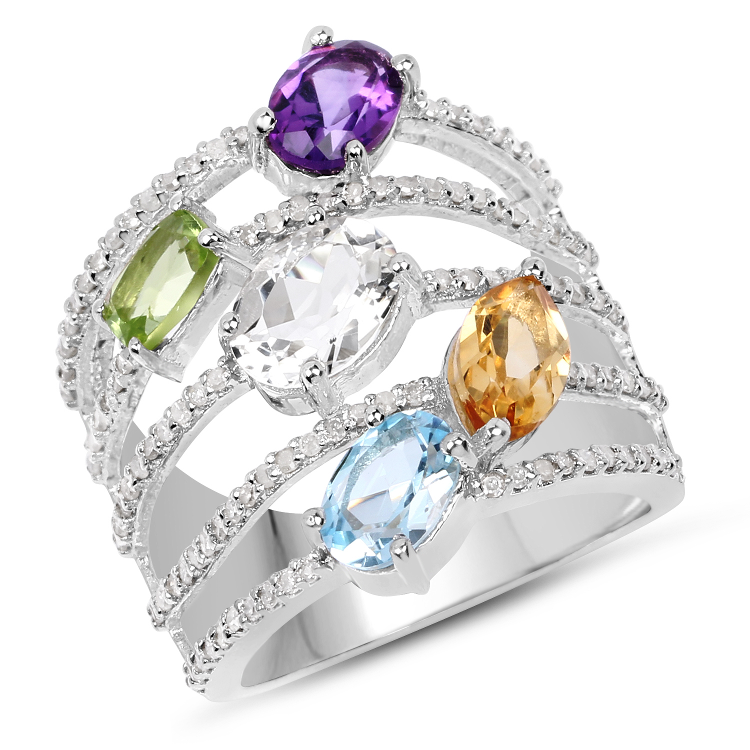 5.06 Carat Genuine Multi Stones .925 Sterling Silver Ring
