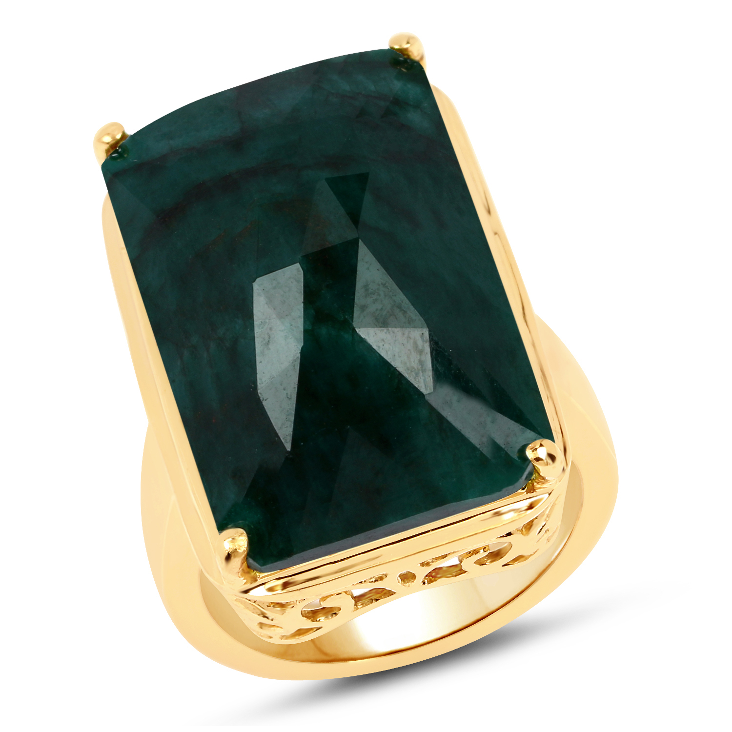 14K Yellow Gold Plated 22.00 Carat Dyed Emerald .925 Sterling Silver Ring