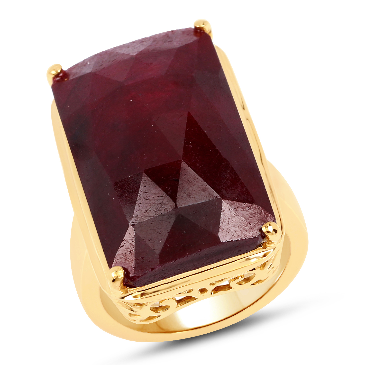 14K Yellow Gold Plated 28.00 Carat Dyed Ruby .925 Sterling Silver Ring