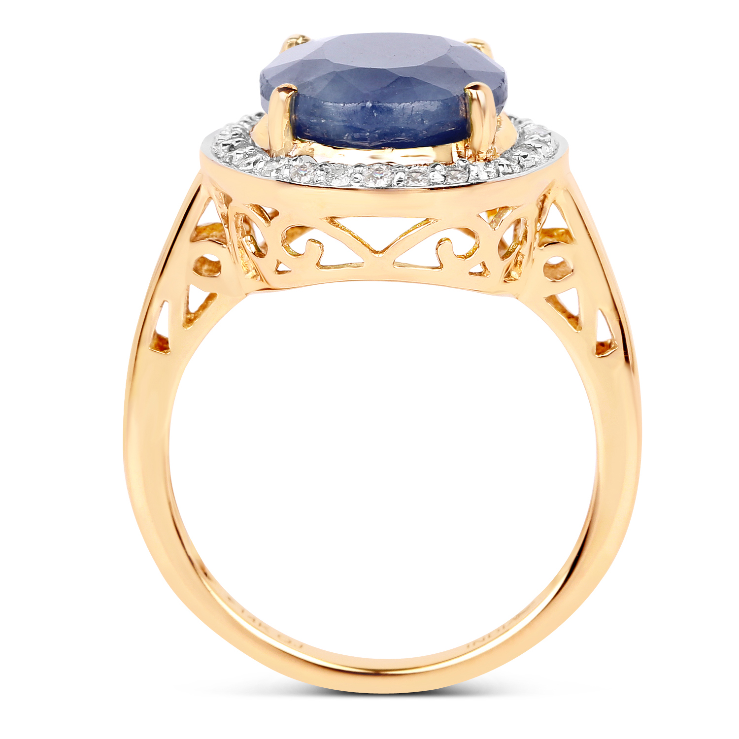 6.78 Carat Genuine Blue Sapphire and White Diamond 14K Yellow Gold Ring