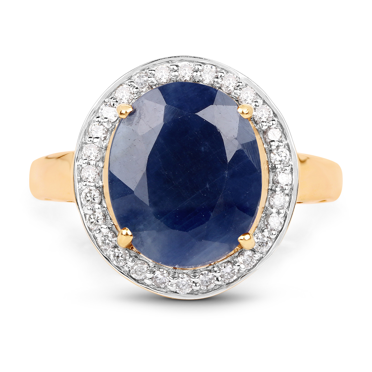 6.78 Carat Genuine Blue Sapphire and White Diamond 14K Yellow Gold Ring