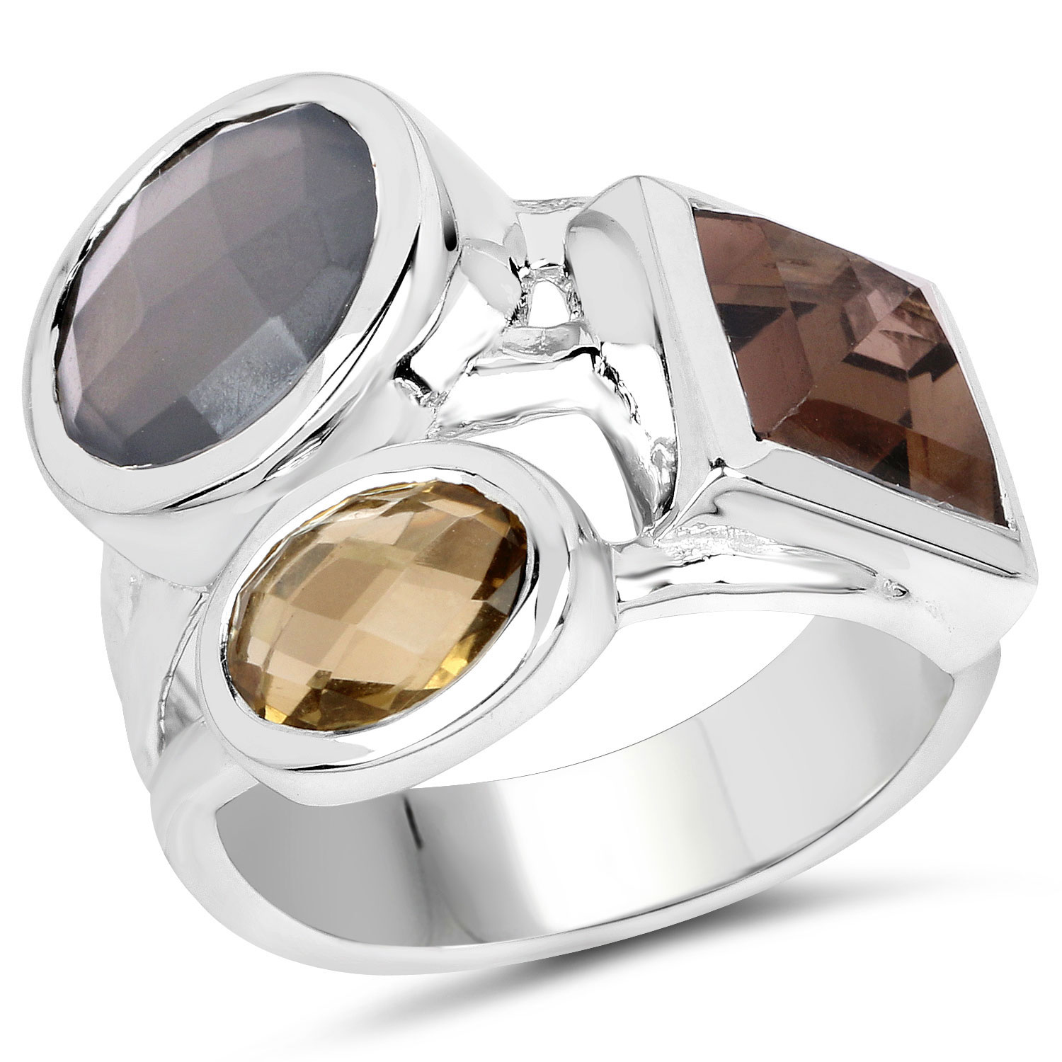 5.32 Carat Genuine Grey Moonstone, Smoky Quartz And Champagne Quartz .925 Sterling Silver Ring