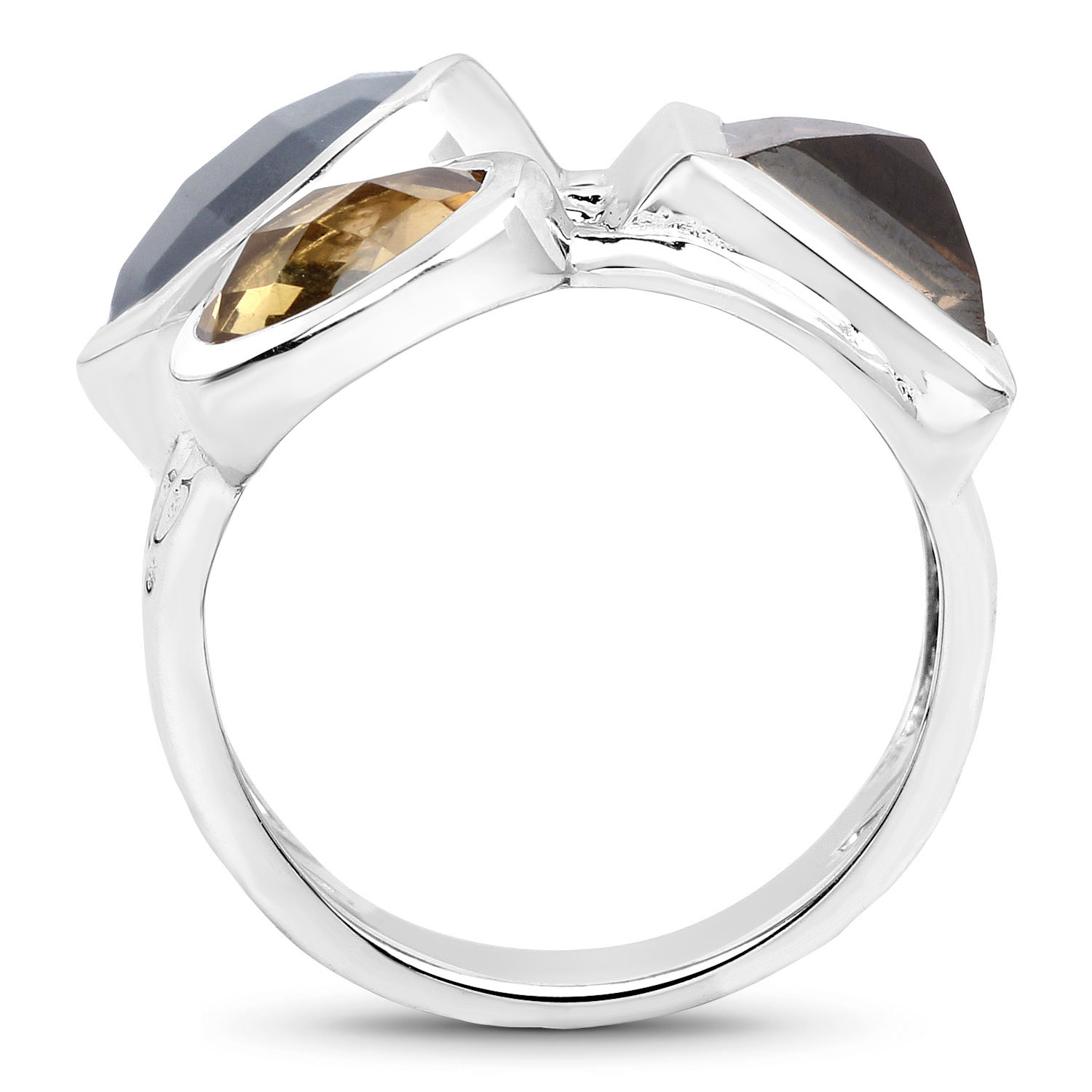 5.32 Carat Genuine Grey Moonstone, Smoky Quartz And Champagne Quartz .925 Sterling Silver Ring