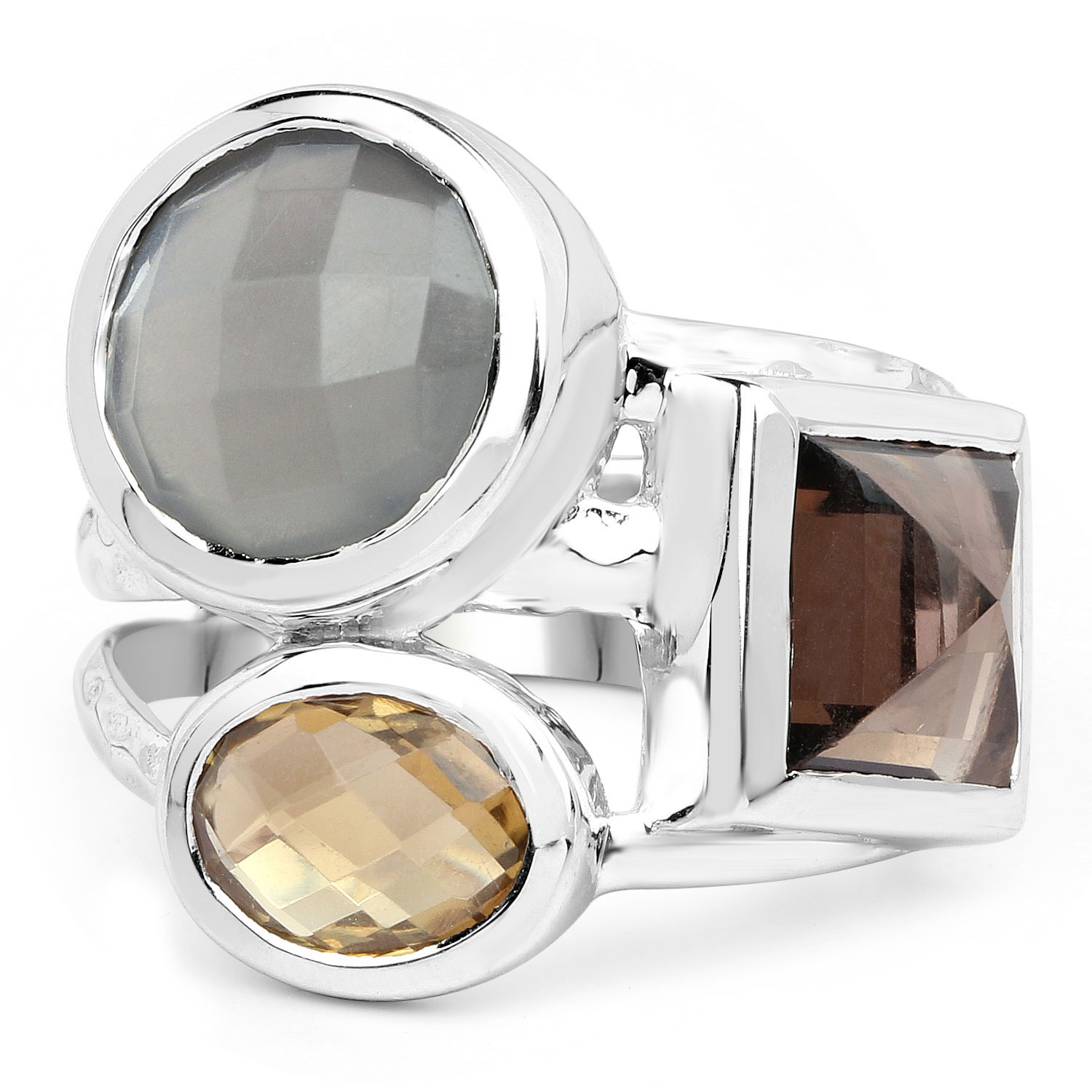 5.32 Carat Genuine Grey Moonstone, Smoky Quartz And Champagne Quartz .925 Sterling Silver Ring