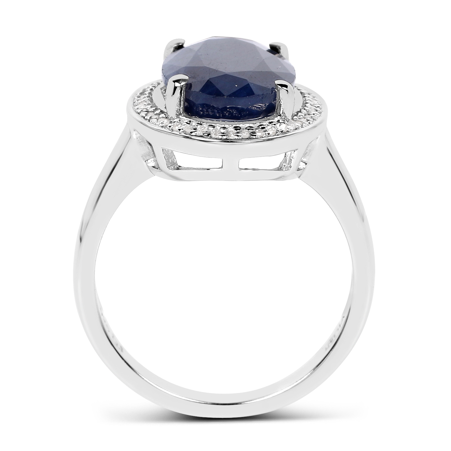 6.39 Carat Genuine Sapphire and White Diamond .925 Sterling Silver Ring