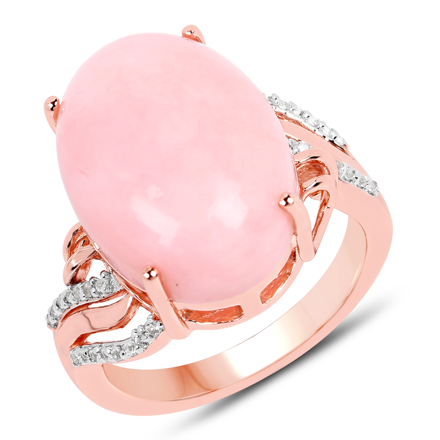 14K Rose Gold Plated 11.14 Carat Genuine Pink Opal and White Topaz .925 Sterling Silver Ring