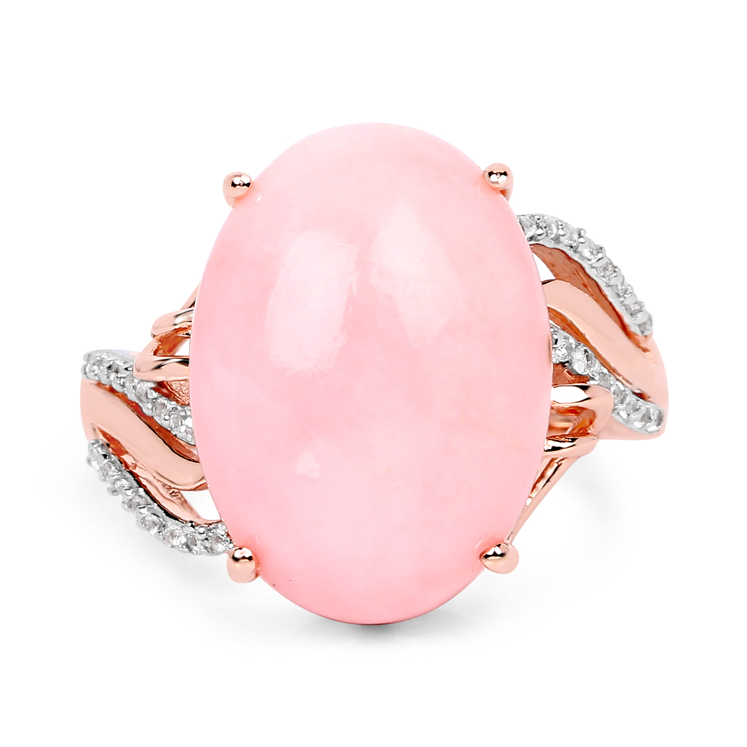 14K Rose Gold Plated 11.14 Carat Genuine Pink Opal and White Topaz .925 Sterling Silver Ring