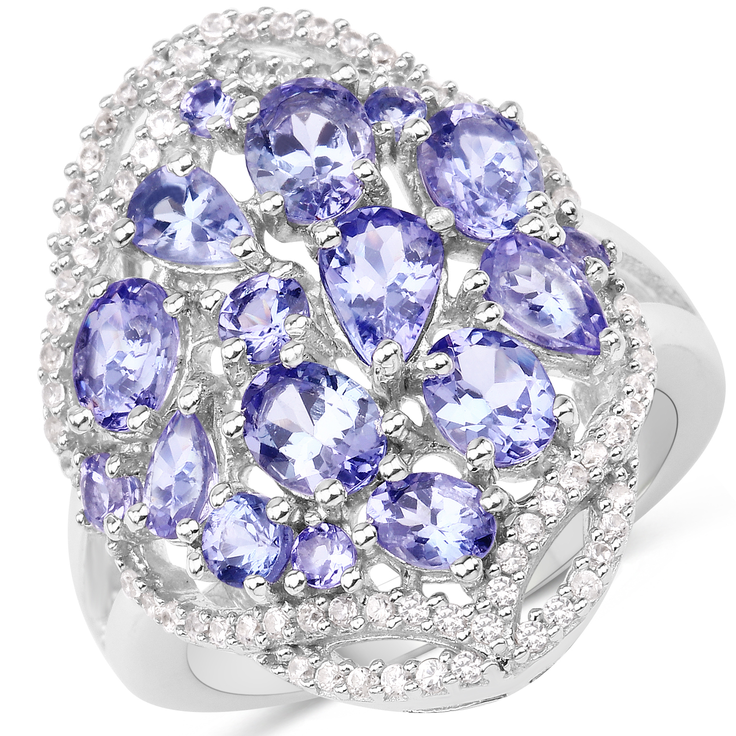3.67 Carat Genuine Tanzanite and White Zircon .925 Sterling Silver Ring