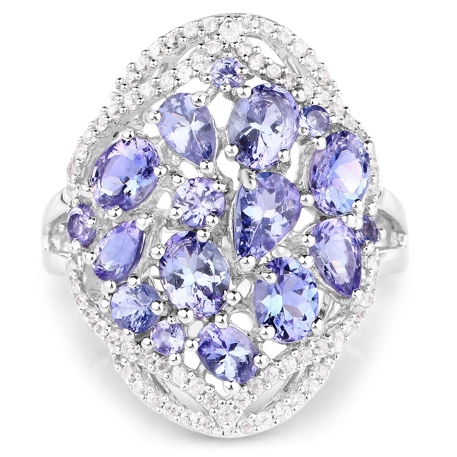 3.67 Carat Genuine Tanzanite and White Zircon .925 Sterling Silver Ring