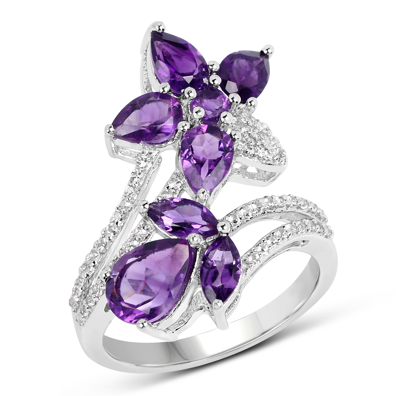 3.19 Carat Genuine Amethyst and White Topaz .925 Sterling Silver Ring