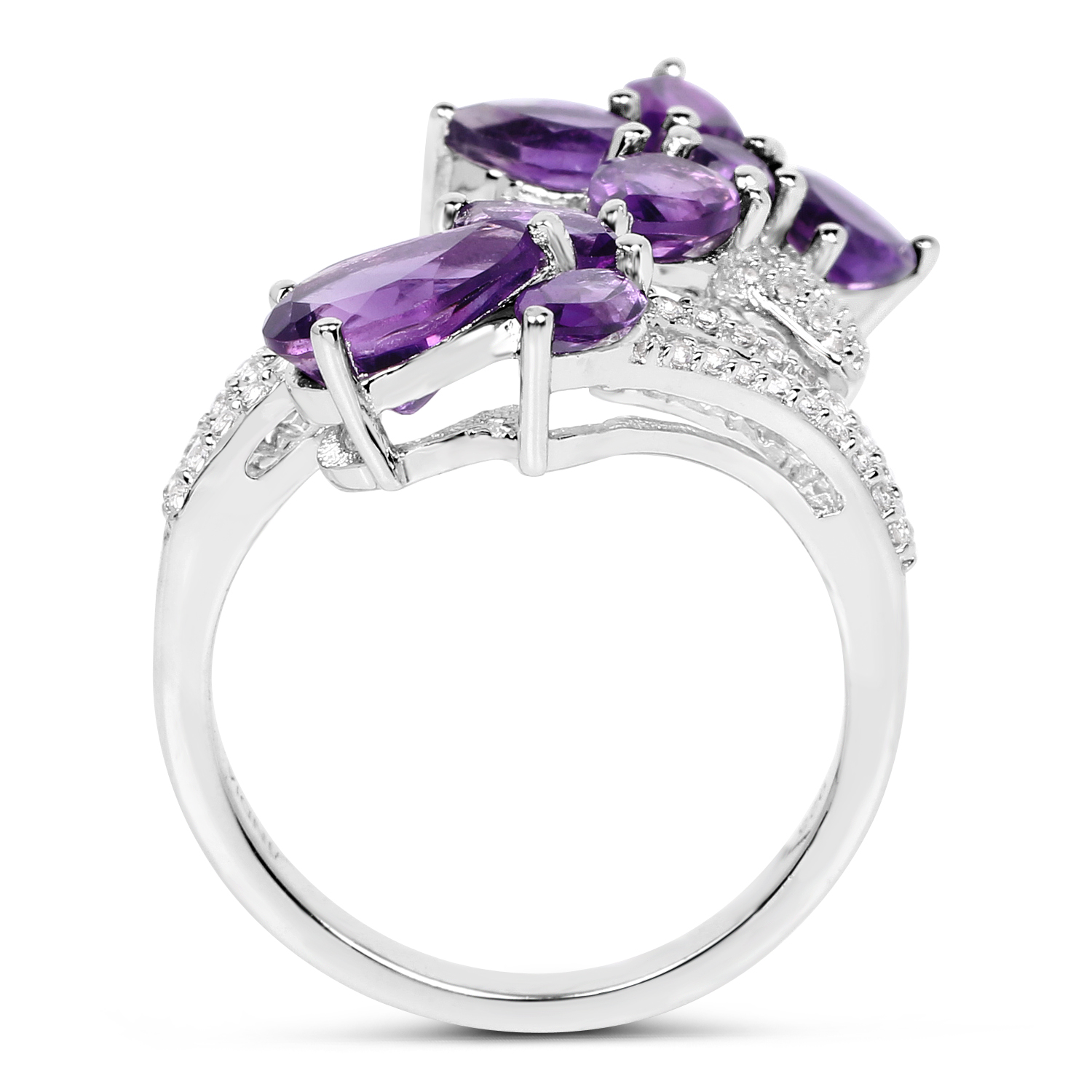 3.19 Carat Genuine Amethyst and White Topaz .925 Sterling Silver Ring