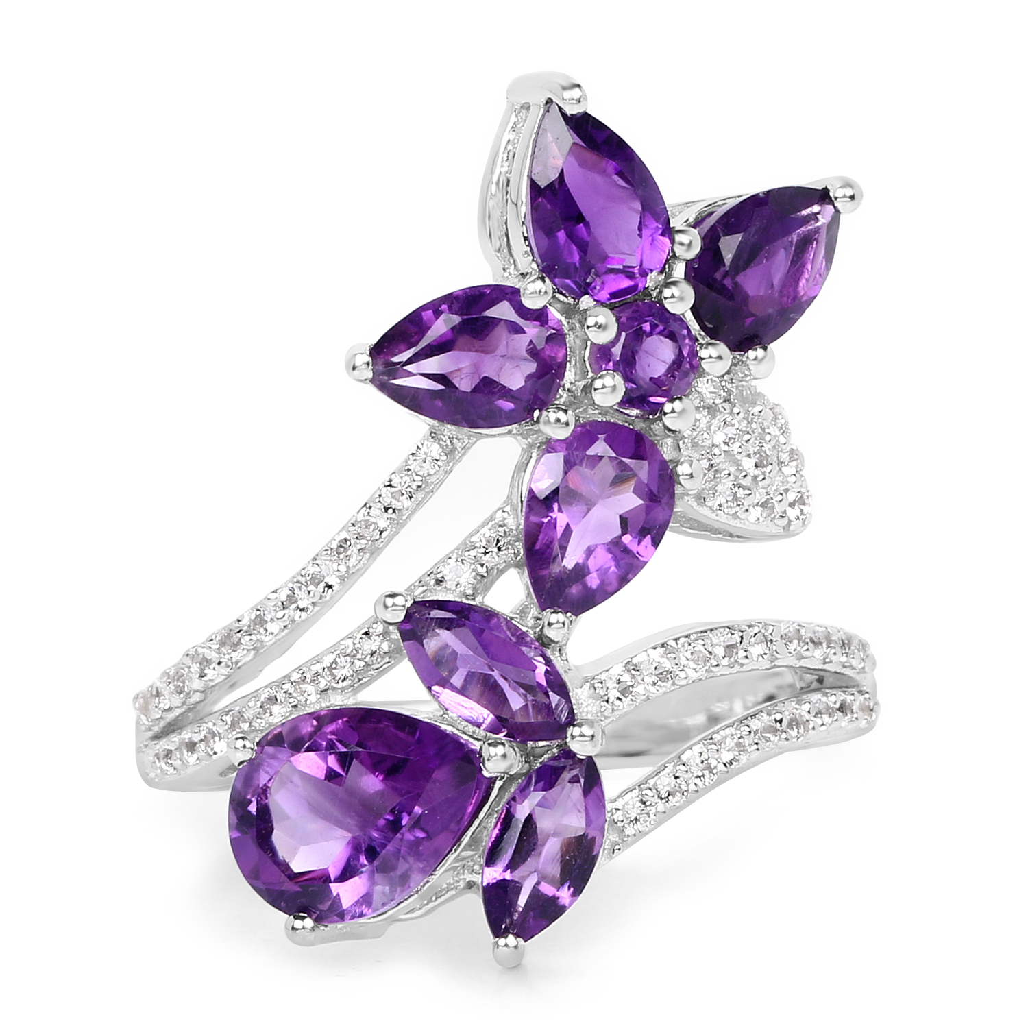 3.19 Carat Genuine Amethyst and White Topaz .925 Sterling Silver Ring