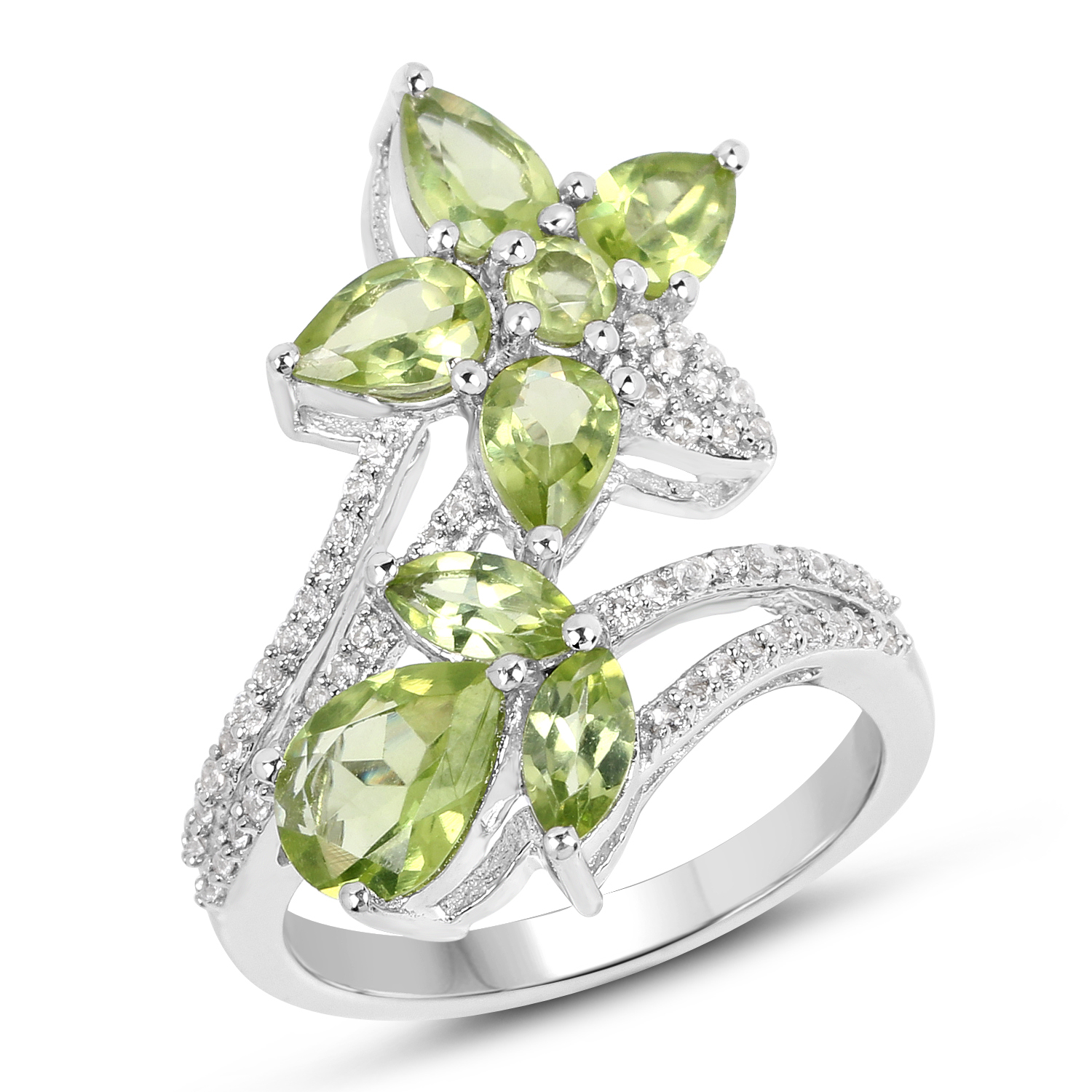 3.35 Carat Genuine Peridot and White Topaz .925 Sterling Silver Ring