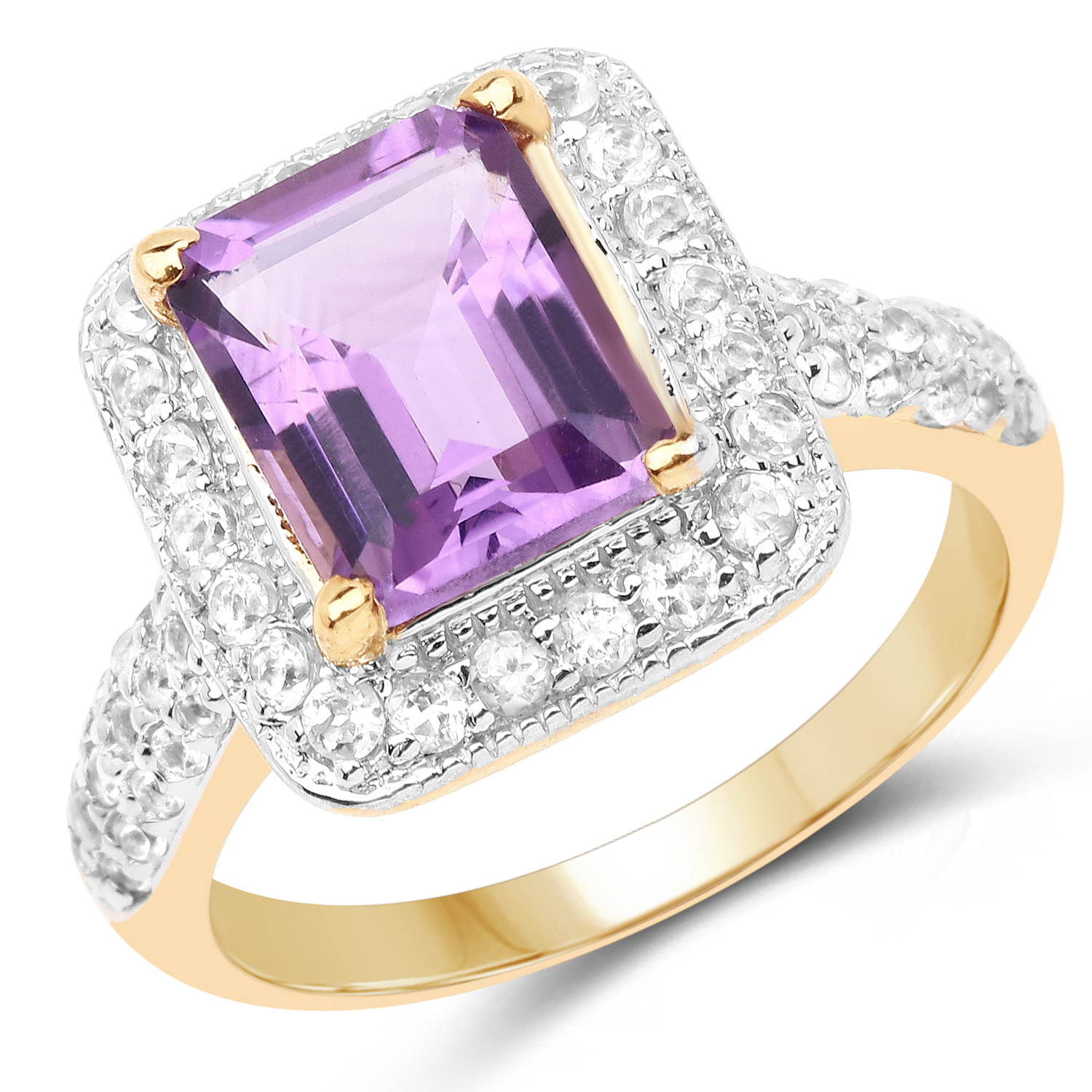 14K Yellow Gold Plated 4.39 Carat Genuine Amethyst and White Topaz .925 Sterling Silver Ring