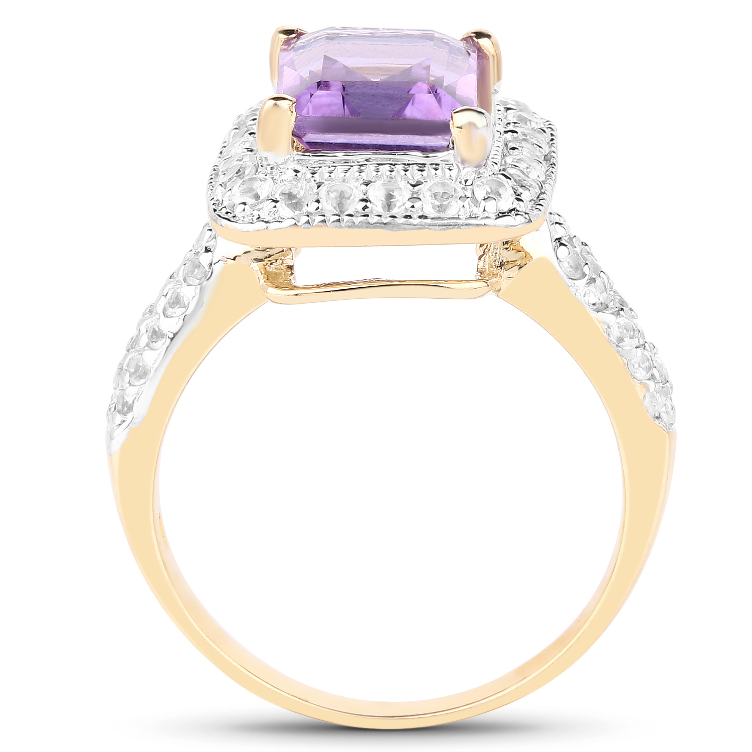 14K Yellow Gold Plated 4.39 Carat Genuine Amethyst and White Topaz .925 Sterling Silver Ring