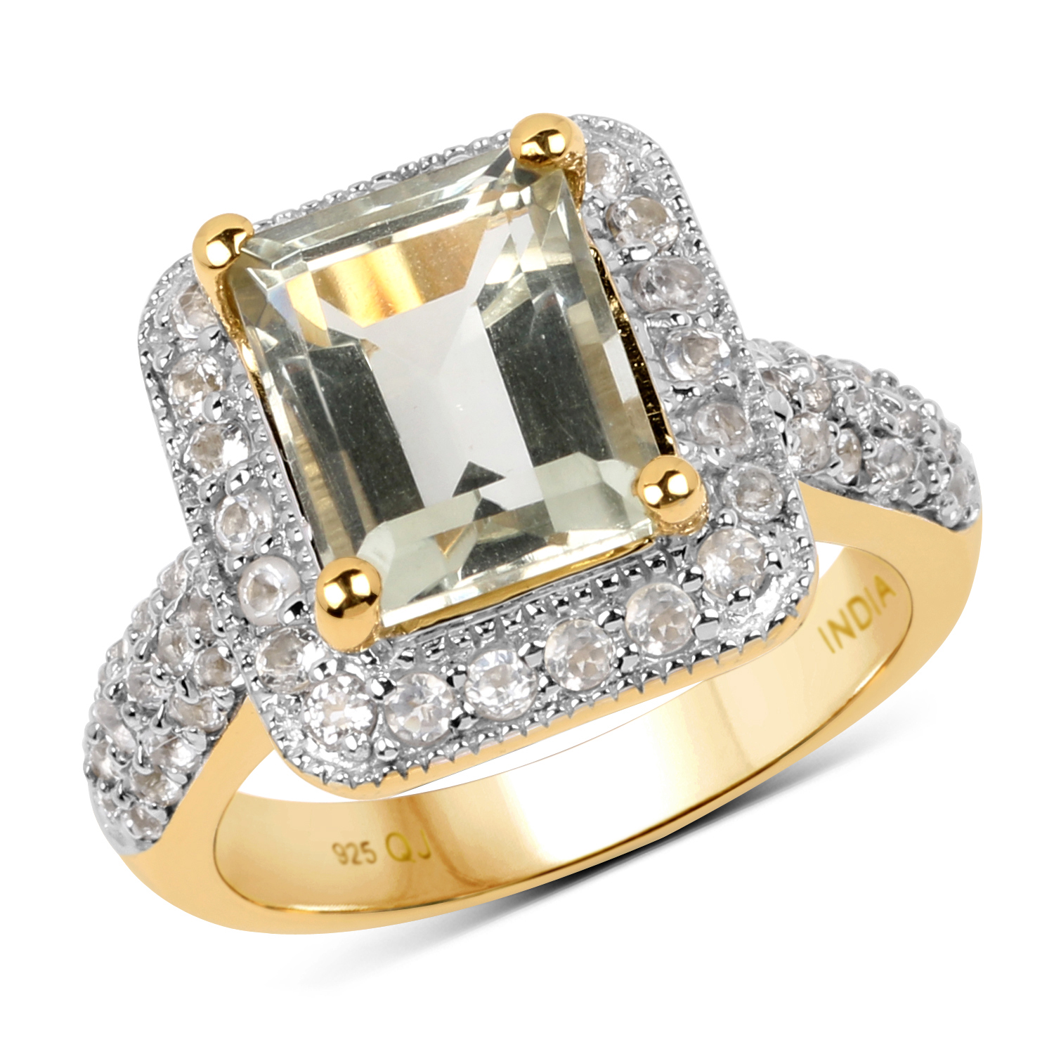 14K Yellow Gold Plated 4.69 Carat Genuine Green Amethyst & White Topaz .925 Sterling Silver Ring
