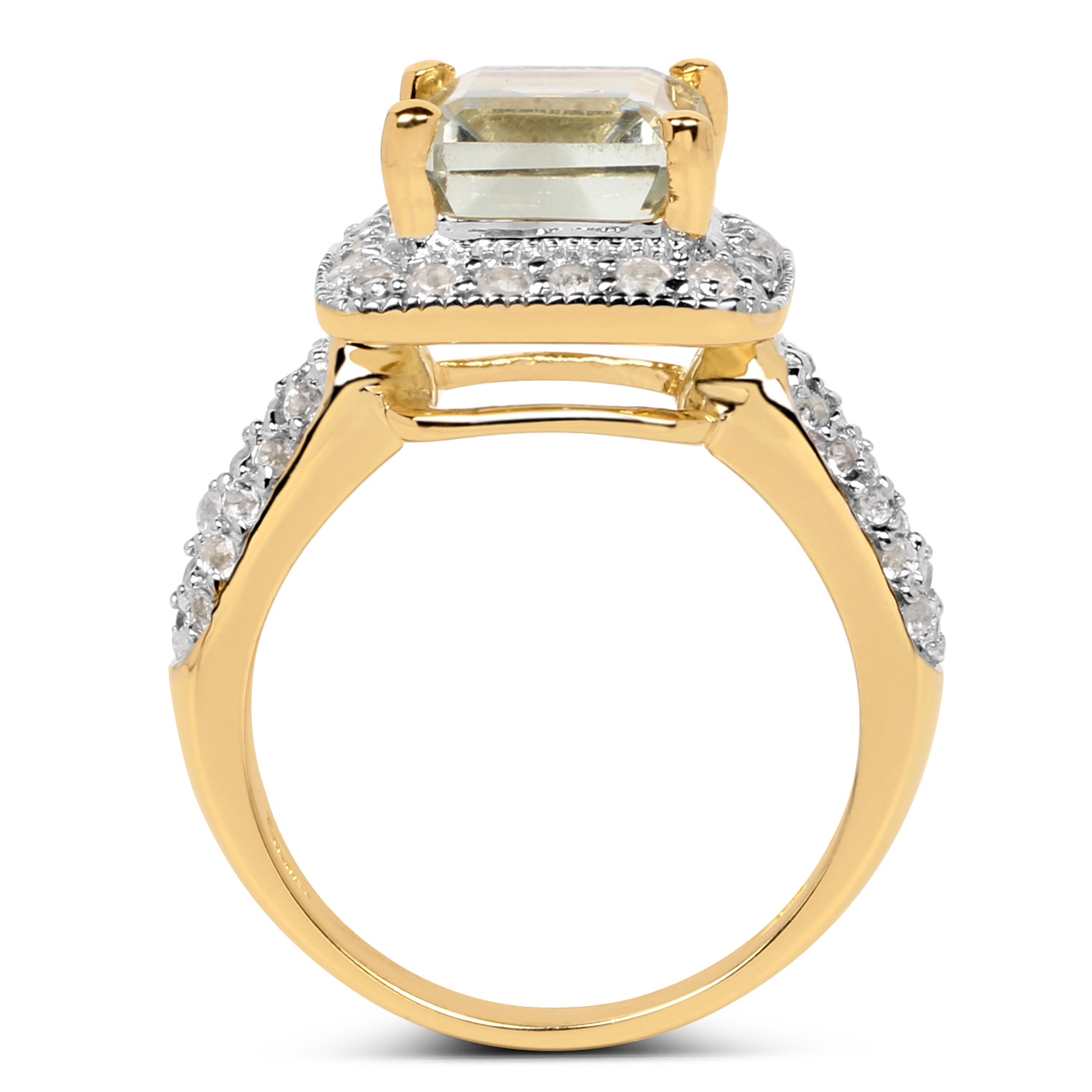 14K Yellow Gold Plated 4.69 Carat Genuine Green Amethyst & White Topaz .925 Sterling Silver Ring