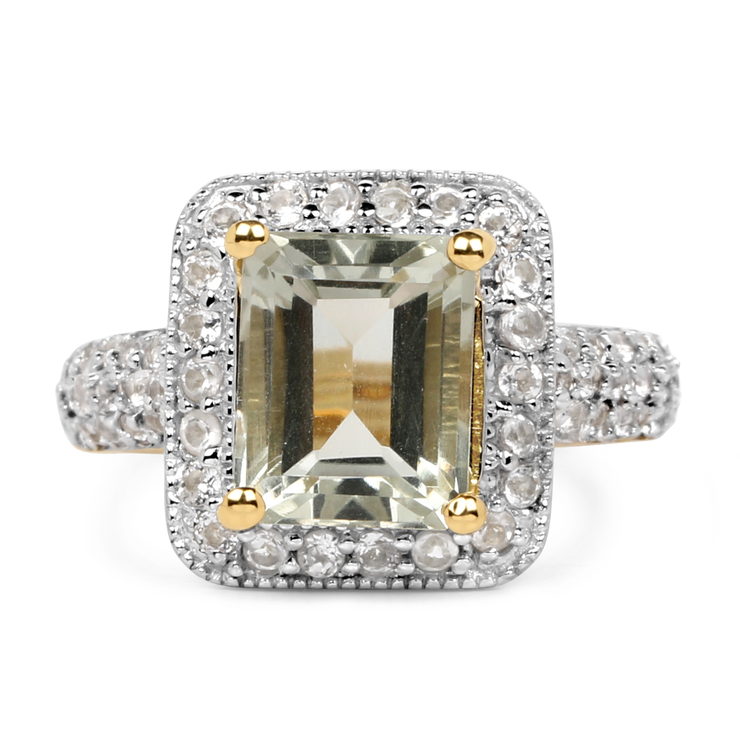 14K Yellow Gold Plated 4.69 Carat Genuine Green Amethyst & White Topaz .925 Sterling Silver Ring