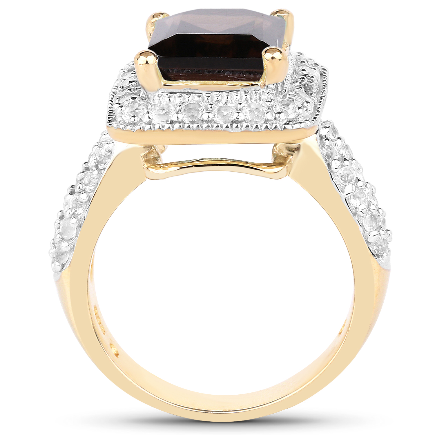 14K Yellow Gold Plated 4.19 Carat Genuine Smoky Quartz and White Topaz .925 Sterling Silver Ring
