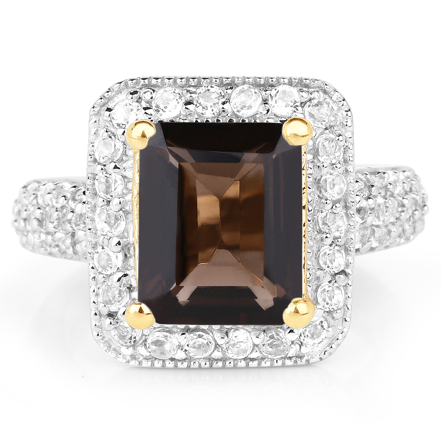 14K Yellow Gold Plated 4.19 Carat Genuine Smoky Quartz and White Topaz .925 Sterling Silver Ring