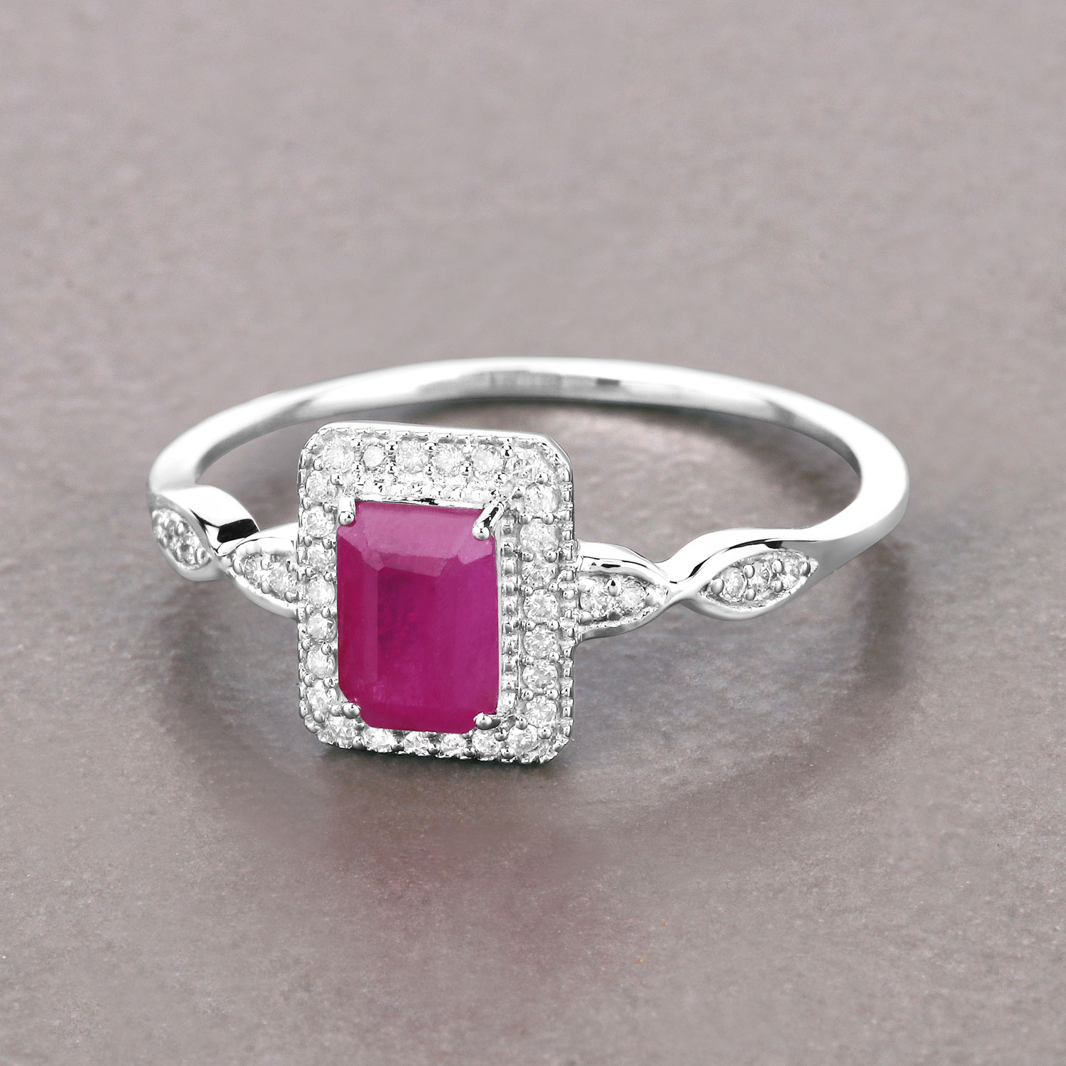 0.75 Carat Genuine Ruby and White Diamond 14K White Gold Ring