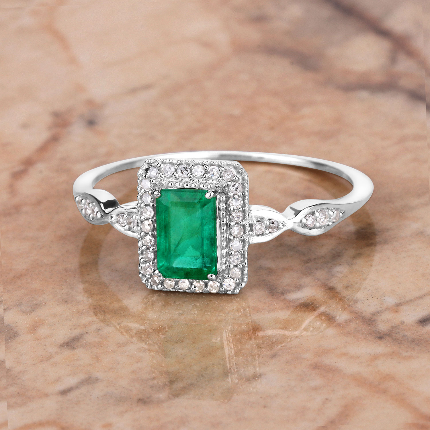 0.65 Carat Genuine Zambian Emerald and White Diamond 14K White Gold Ring