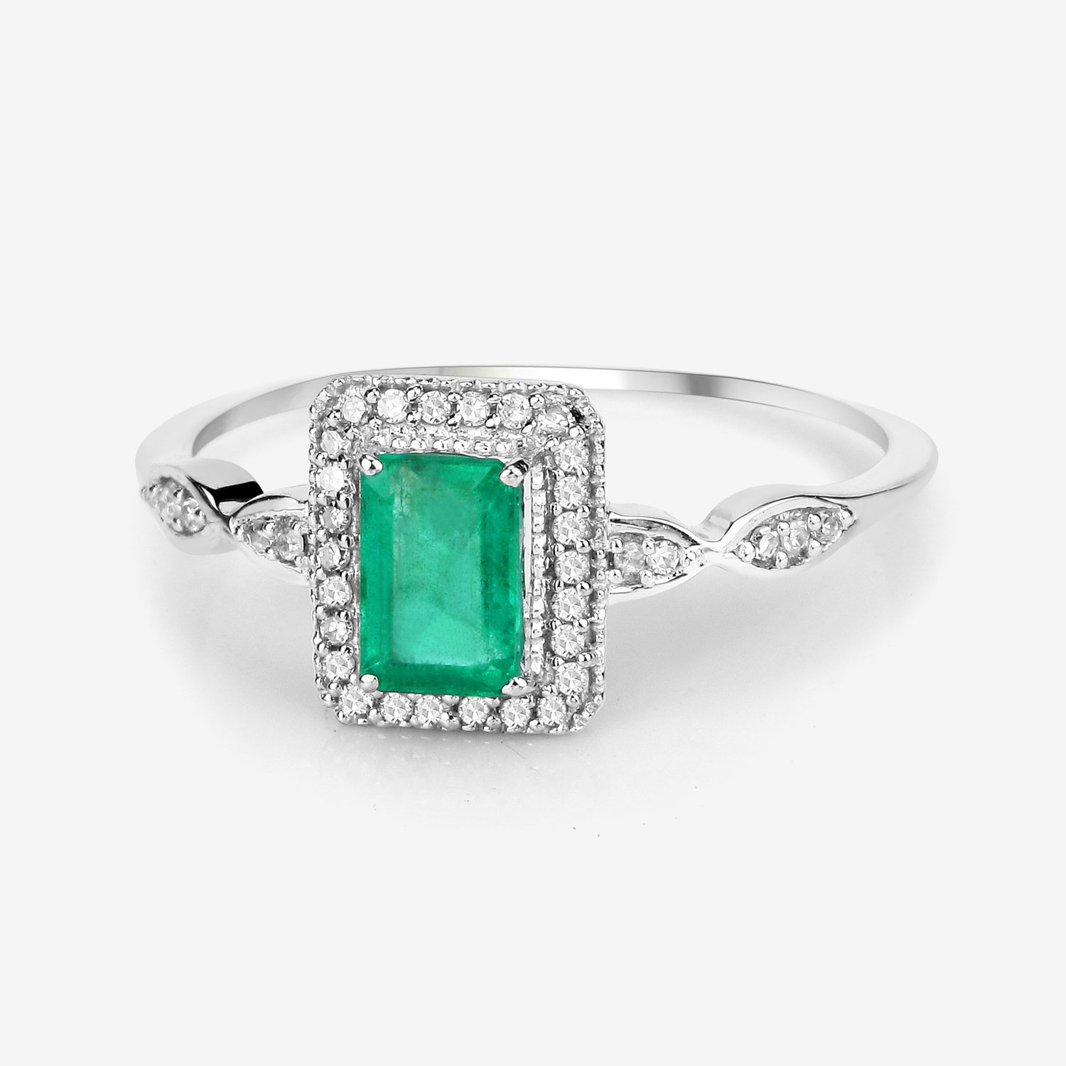 0.65 Carat Genuine Zambian Emerald and White Diamond 14K White Gold Ring