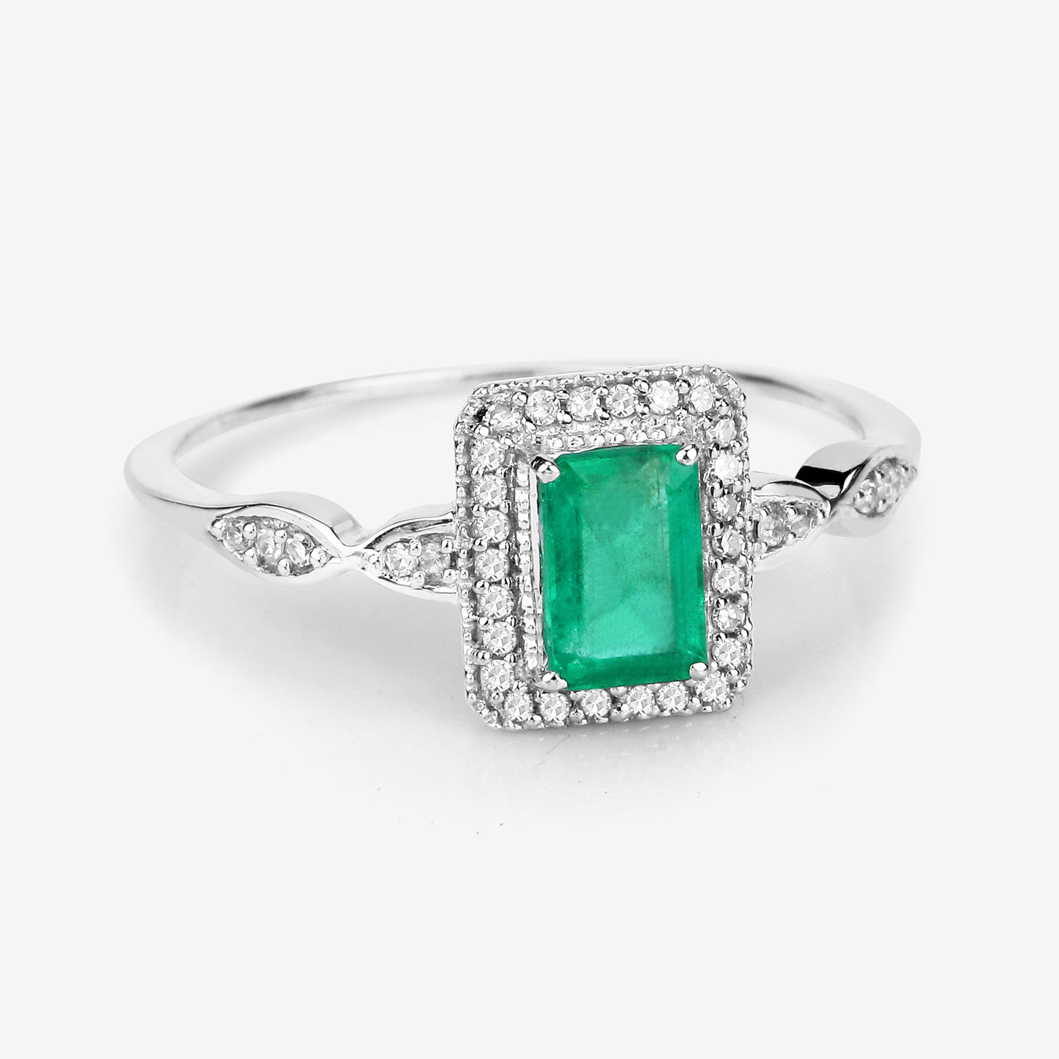 0.65 Carat Genuine Zambian Emerald and White Diamond 14K White Gold Ring