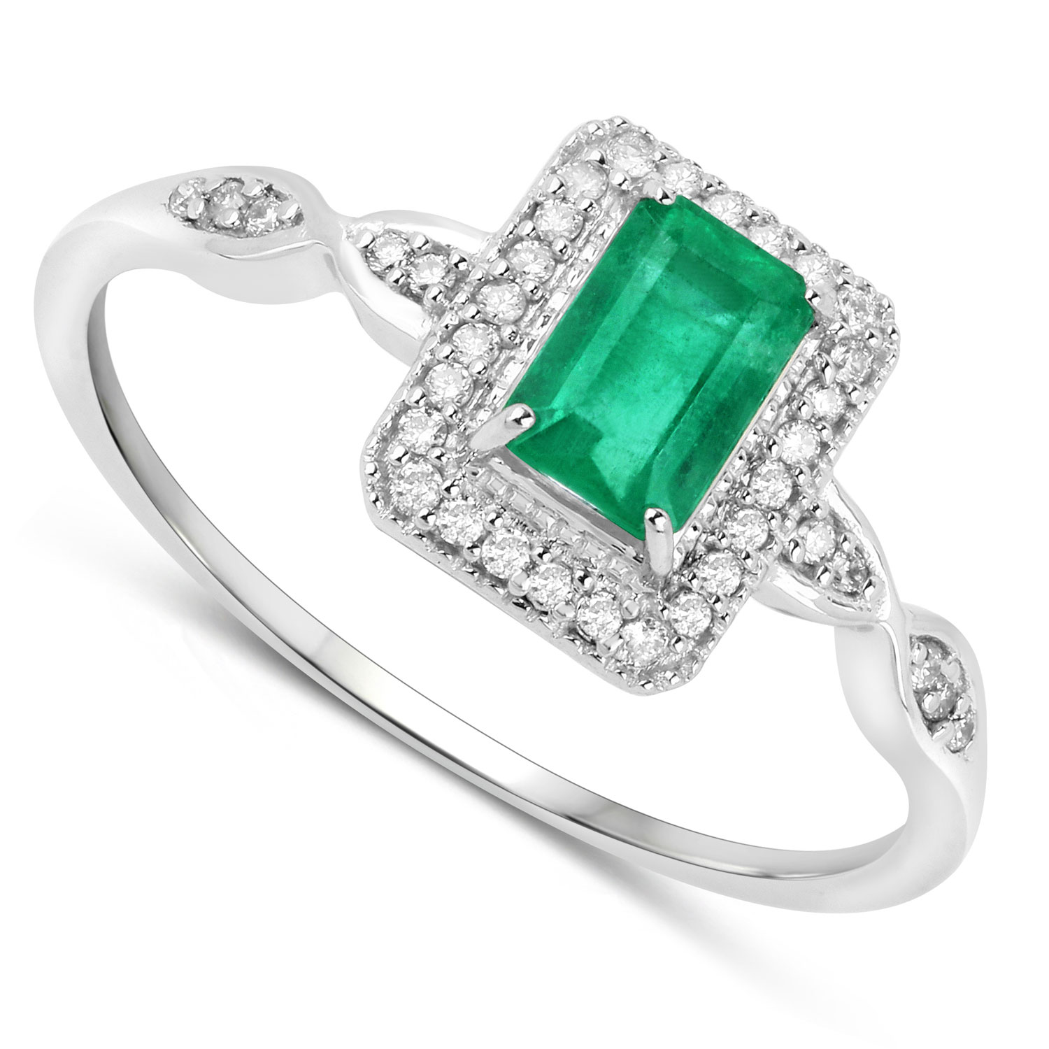0.65 Carat Genuine Zambian Emerald and White Diamond 14K White Gold Ring