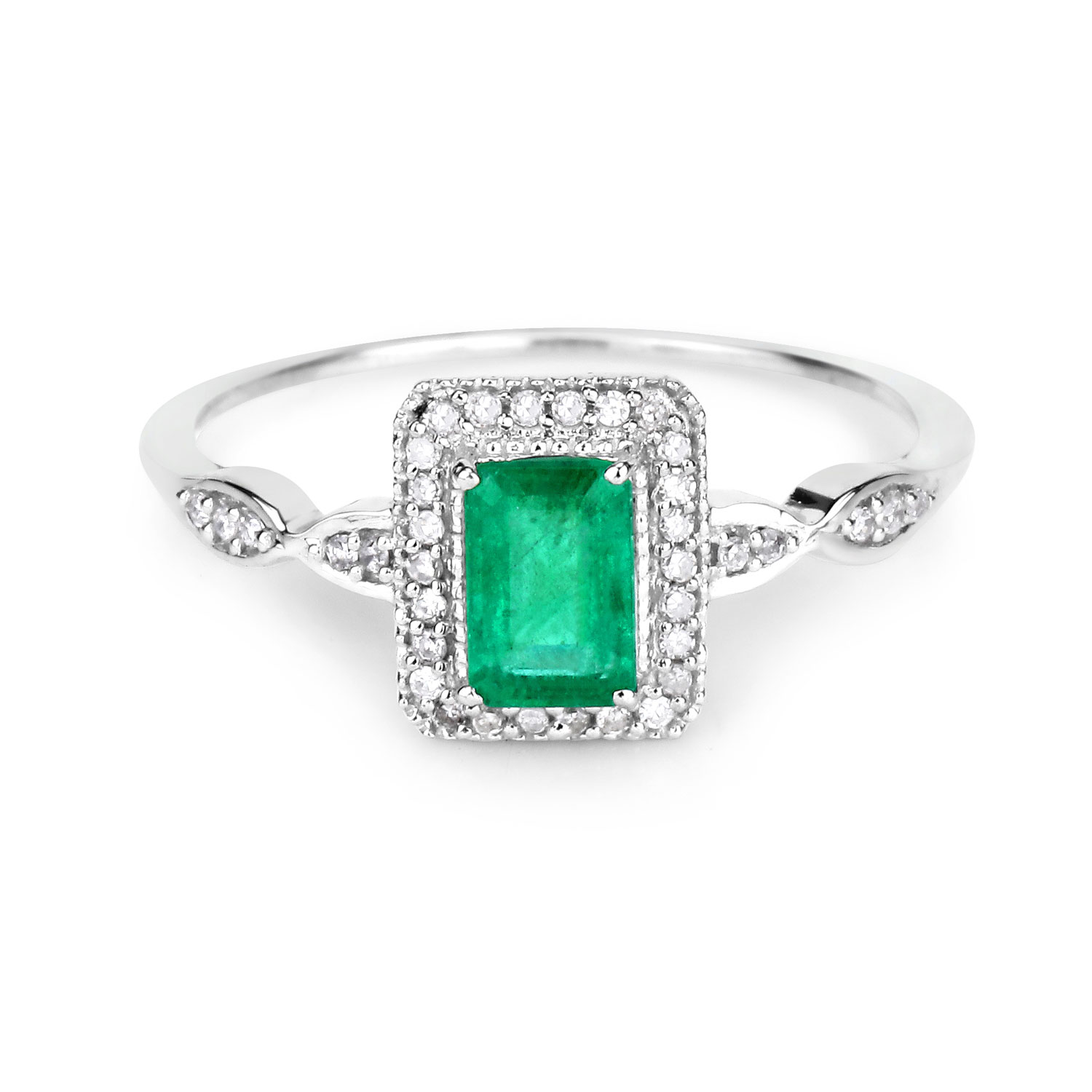 0.65 Carat Genuine Zambian Emerald and White Diamond 14K White Gold Ring