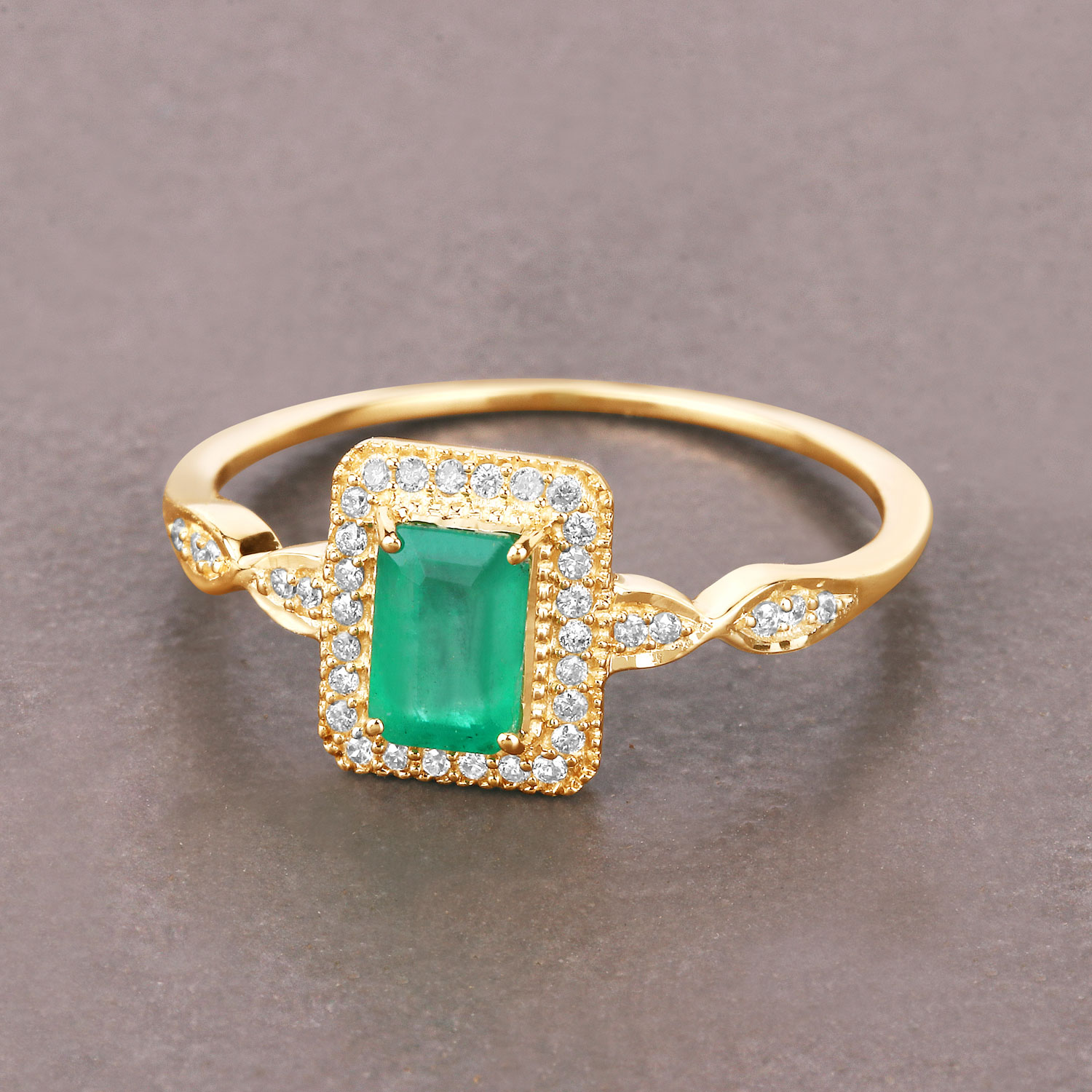 0.65 Carat Genuine Zambian Emerald and White Diamond 14K Yellow Gold Ring