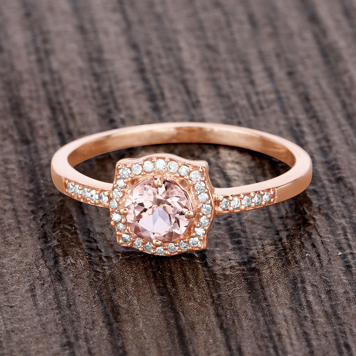 0.50 Carat Genuine Morganite and White Diamond 14K Rose Gold Ring