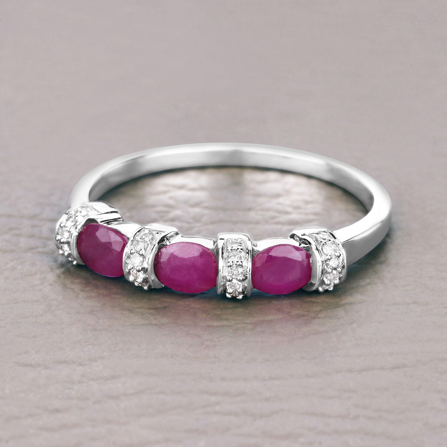 0.73 Carat Genuine Ruby and White Diamond 14K White Gold Ring