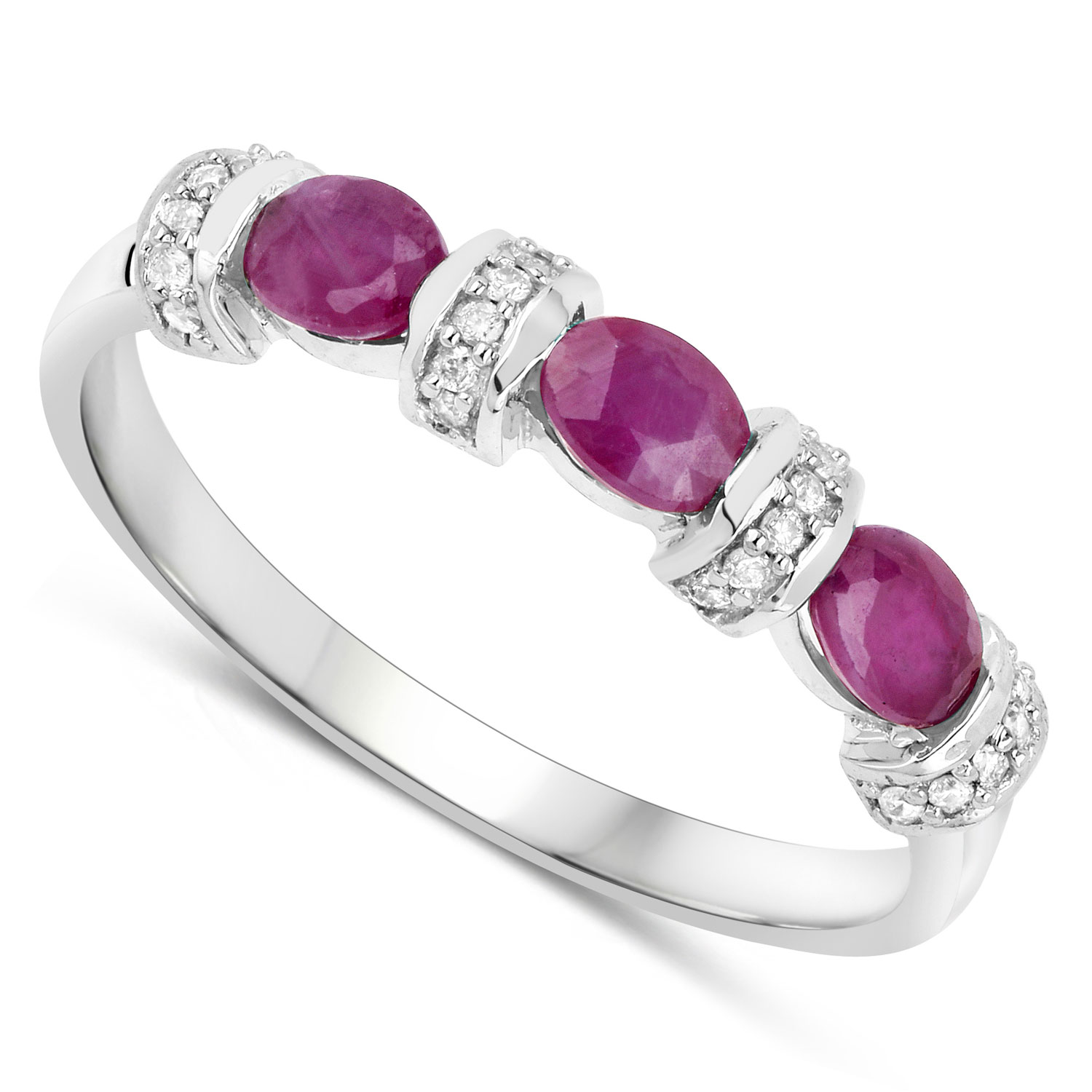 0.73 Carat Genuine Ruby and White Diamond 14K White Gold Ring