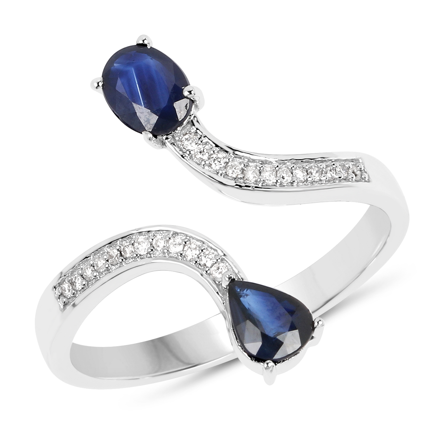 0.77 Carat Genuine Blue Sapphire and White Diamond 14K White Gold Ring