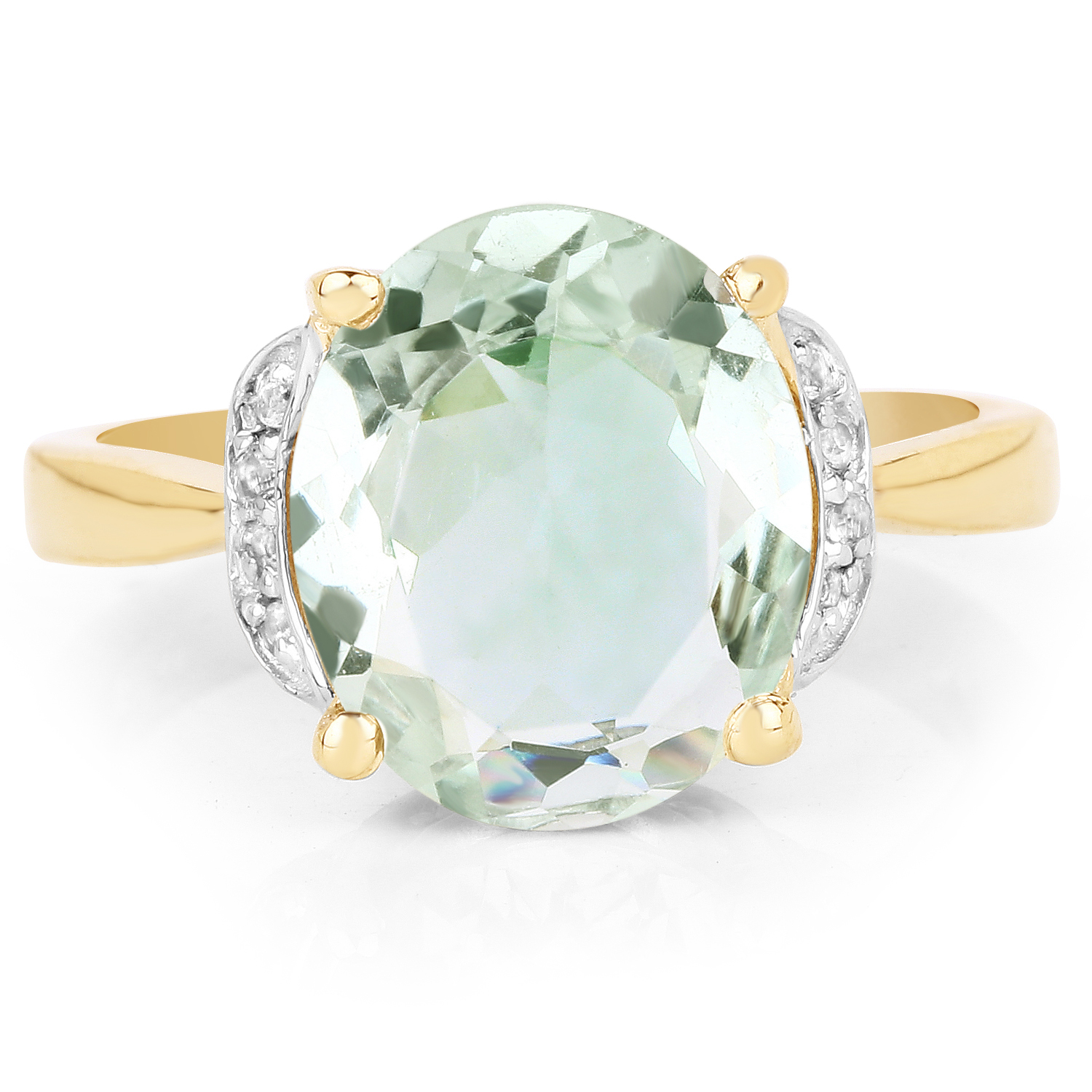14K Yellow Gold Plated 4.38 Carat Genuine Green Amethyst and White Topaz .925 Sterling Silver Ring