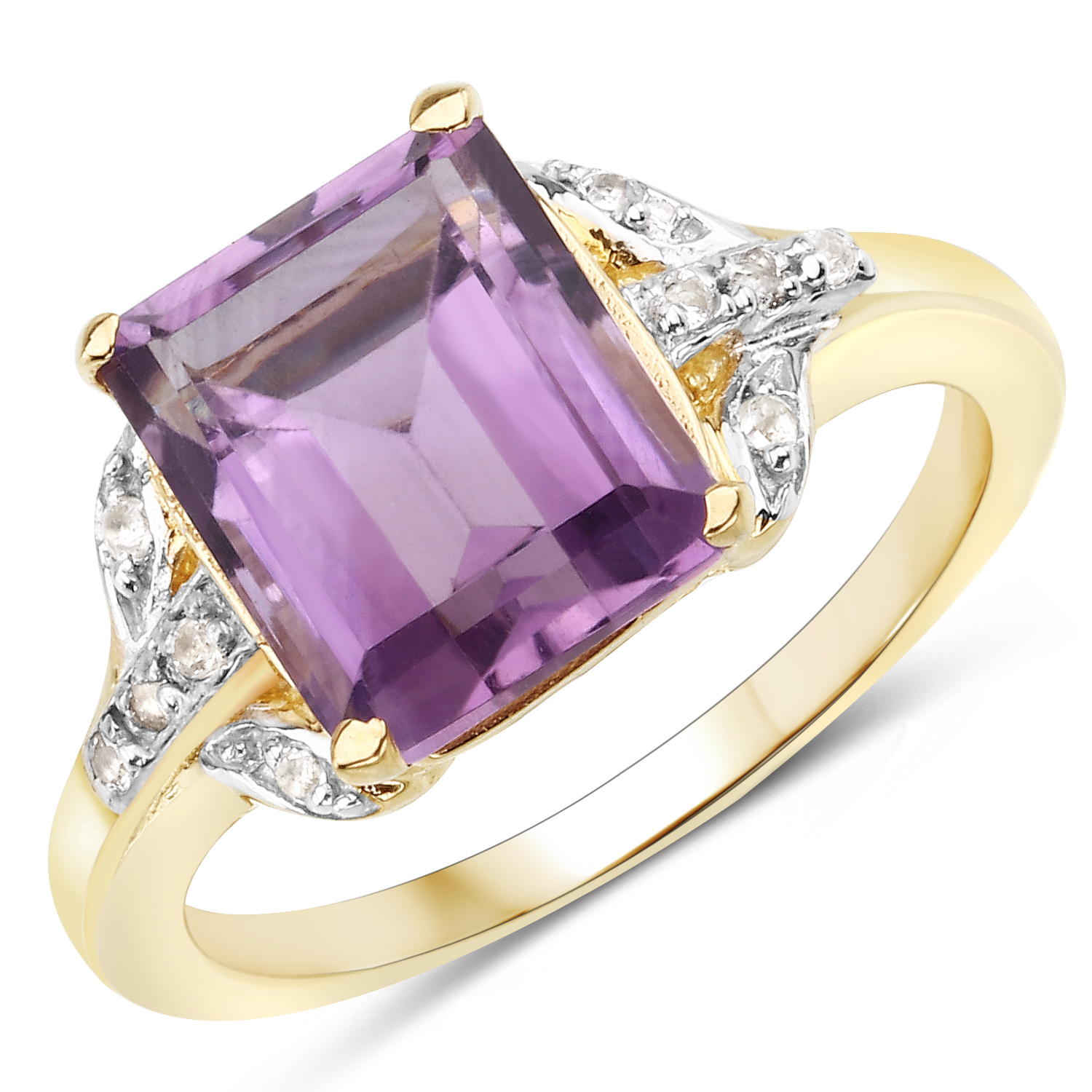14K Yellow Gold Plated 3.90 Carat Genuine Amethyst and White Topaz .925 Sterling Silver Ring