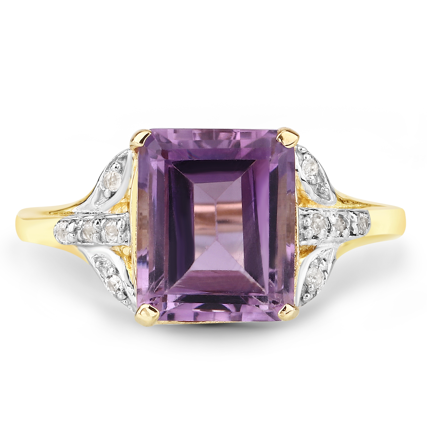14K Yellow Gold Plated 3.90 Carat Genuine Amethyst and White Topaz .925 Sterling Silver Ring