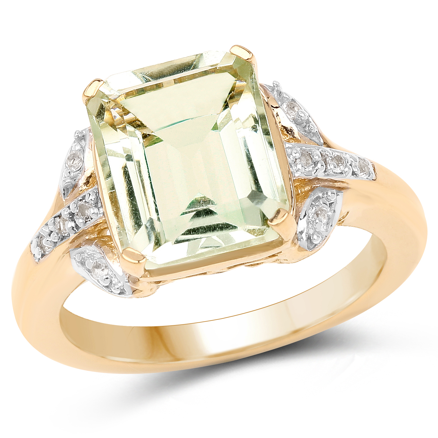 14K Yellow Gold Plated 4.15 Carat Genuine Green Amethyst & White Topaz .925 Sterling Silver Ring