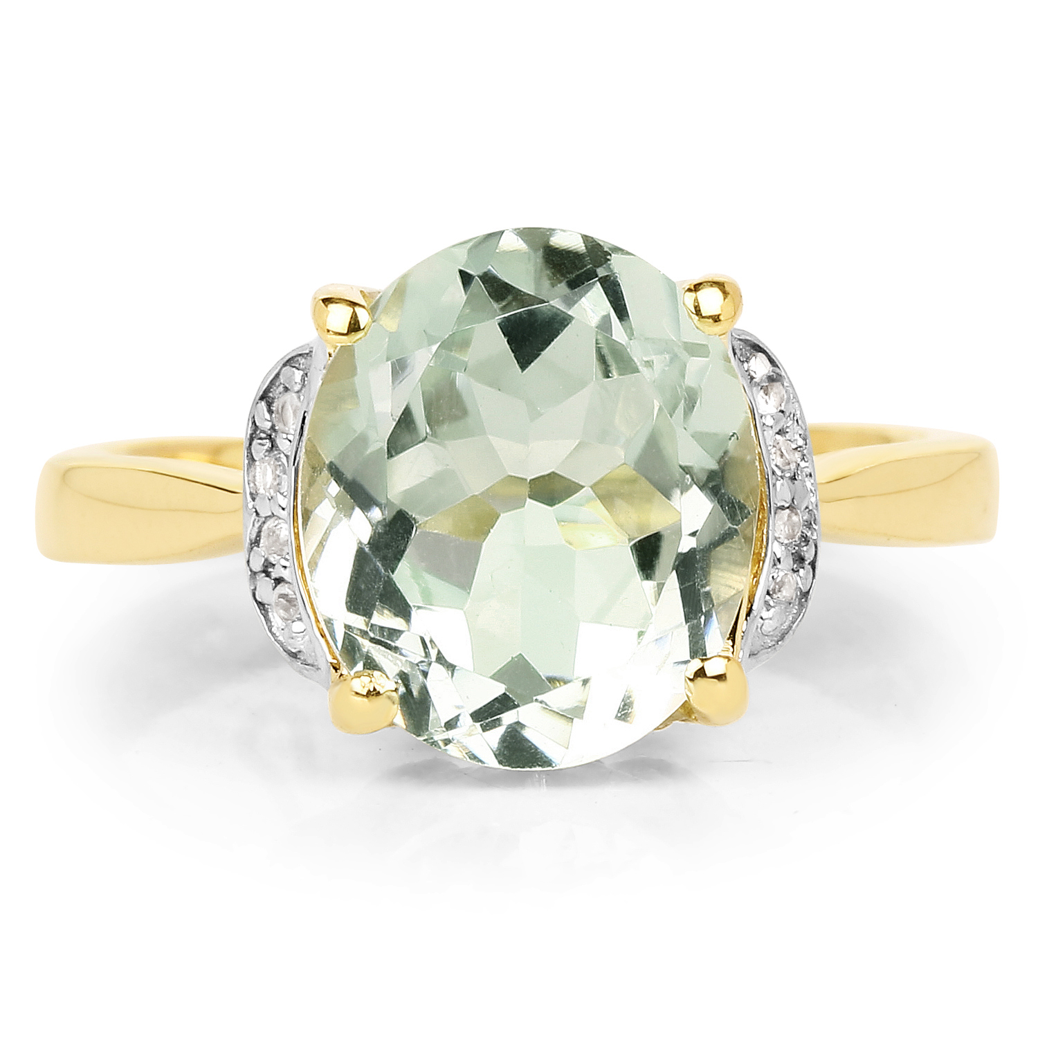 14K Yellow Gold Plated 4.15 Carat Genuine Green Amethyst & White Topaz .925 Sterling Silver Ring