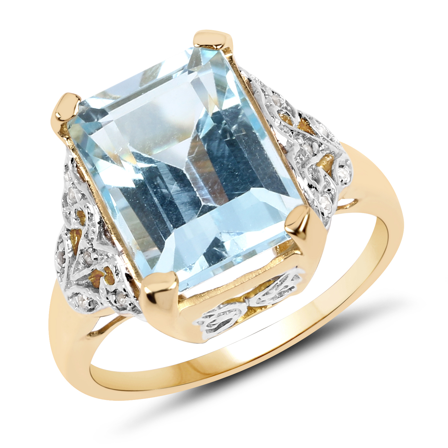 14K Yellow Gold Plated 7.45 Carat Genuine Blue Topaz & White Topaz .925 Sterling Silver Ring