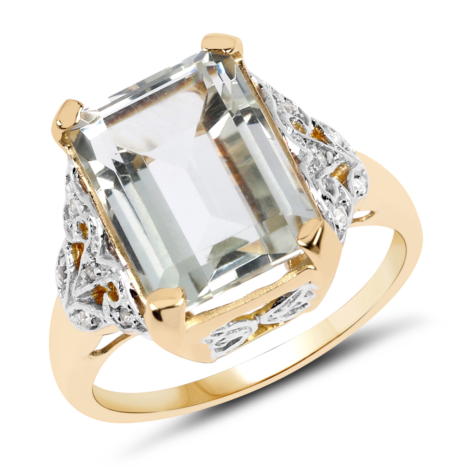 14K Yellow Gold Plated 4.35 Carat Genuine Green Amethyst & White Topaz .925 Sterling Silver Ring
