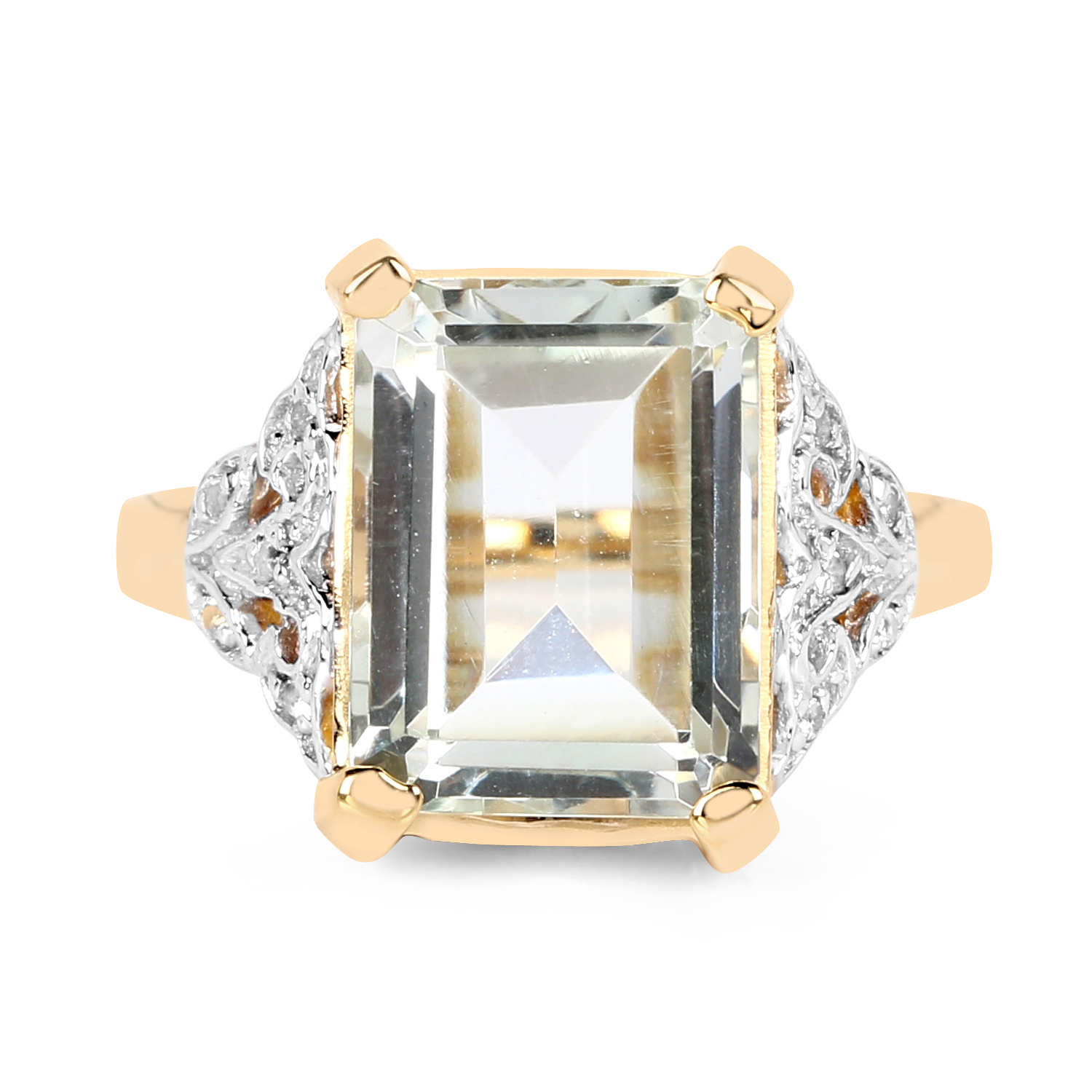 14K Yellow Gold Plated 4.35 Carat Genuine Green Amethyst & White Topaz .925 Sterling Silver Ring