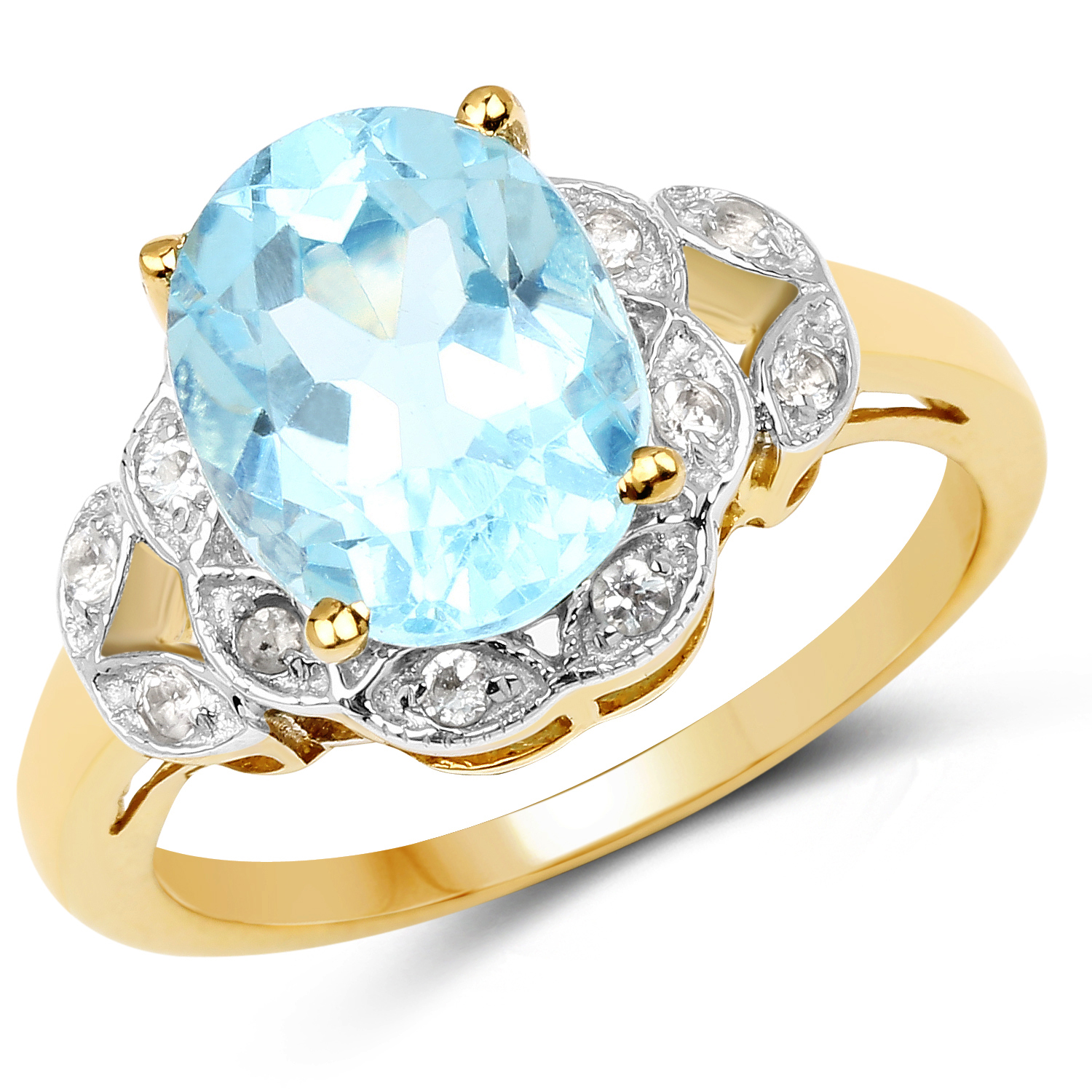 14K Yellow Gold Plated 4.26 Carat Genuine Blue Topaz and White Topaz .925 Sterling Silver Ring