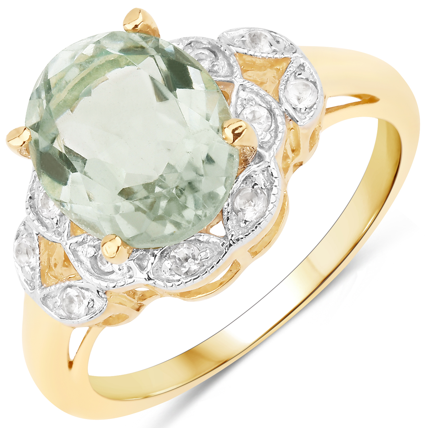 14K Yellow Gold Plated 3.41 Carat Genuine Green Amethyst and White Topaz .925 Sterling Silver Ring