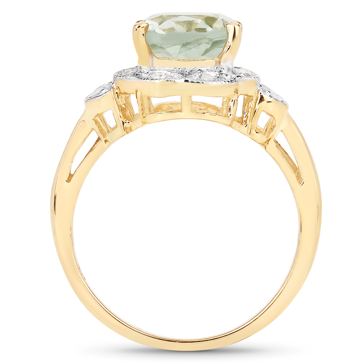 14K Yellow Gold Plated 3.41 Carat Genuine Green Amethyst and White Topaz .925 Sterling Silver Ring